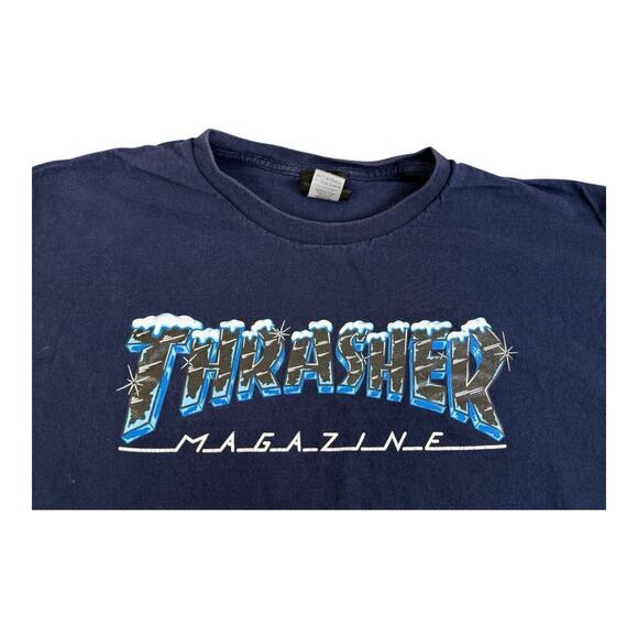 Thrasher Magazine BLACK ICE LOGO Skateboard T Shirt NAVY Size Large - Picture 9 of 11
